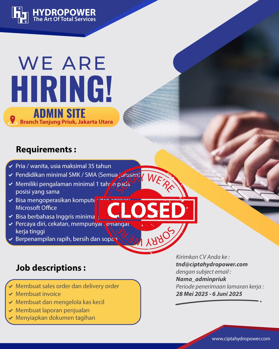 loker admin site tanjung priok closed